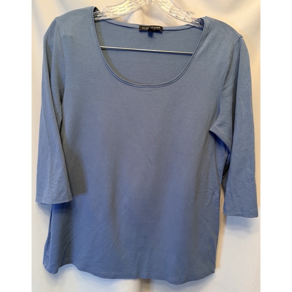 Eileen Fisher Size Small Pima Cotton Jersey Scoop Neck 3/4 Sleeve Blue USA Made
